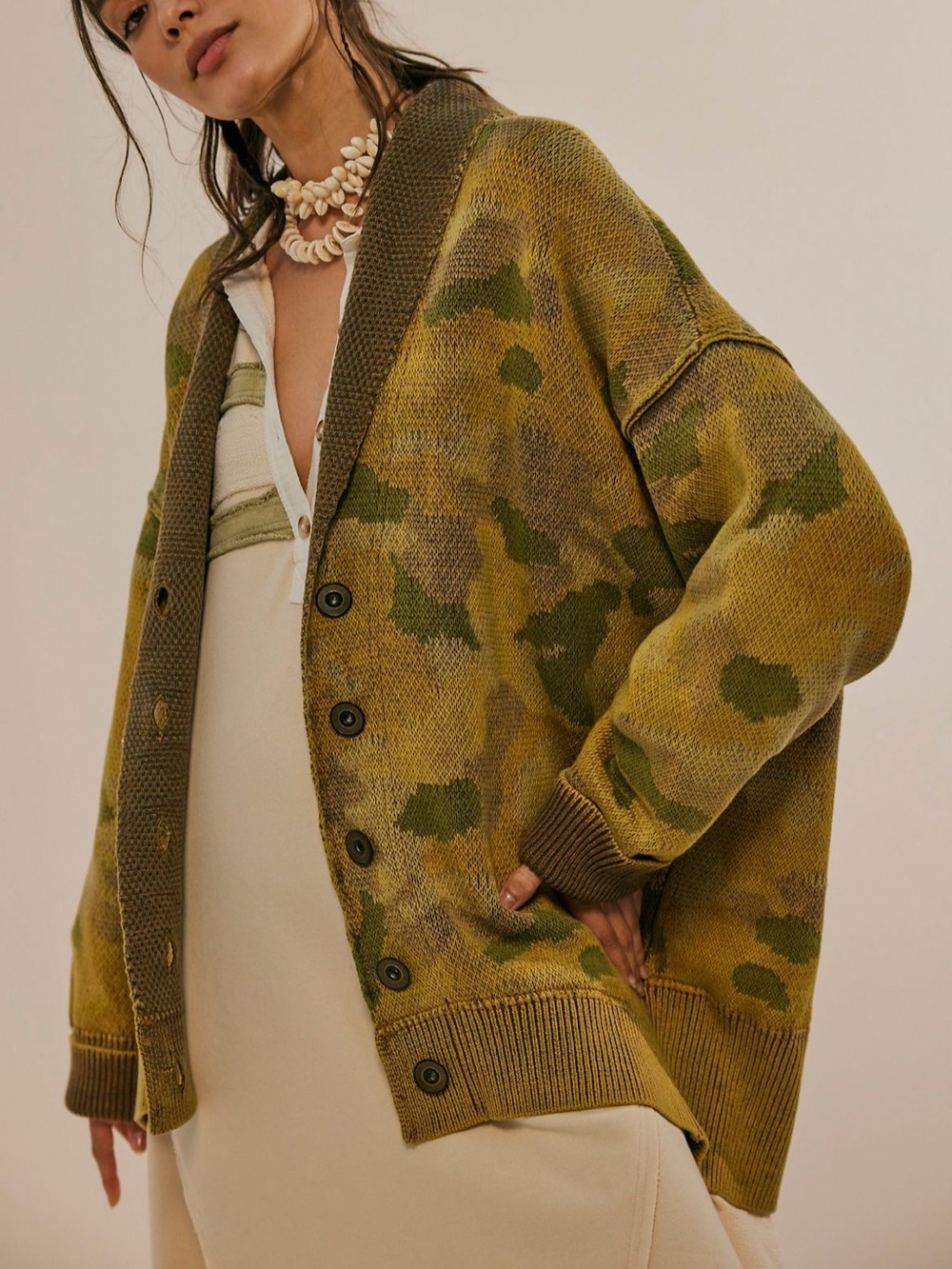 Olive Green Camouflage Knit Cardigan - Picture 2 of 13